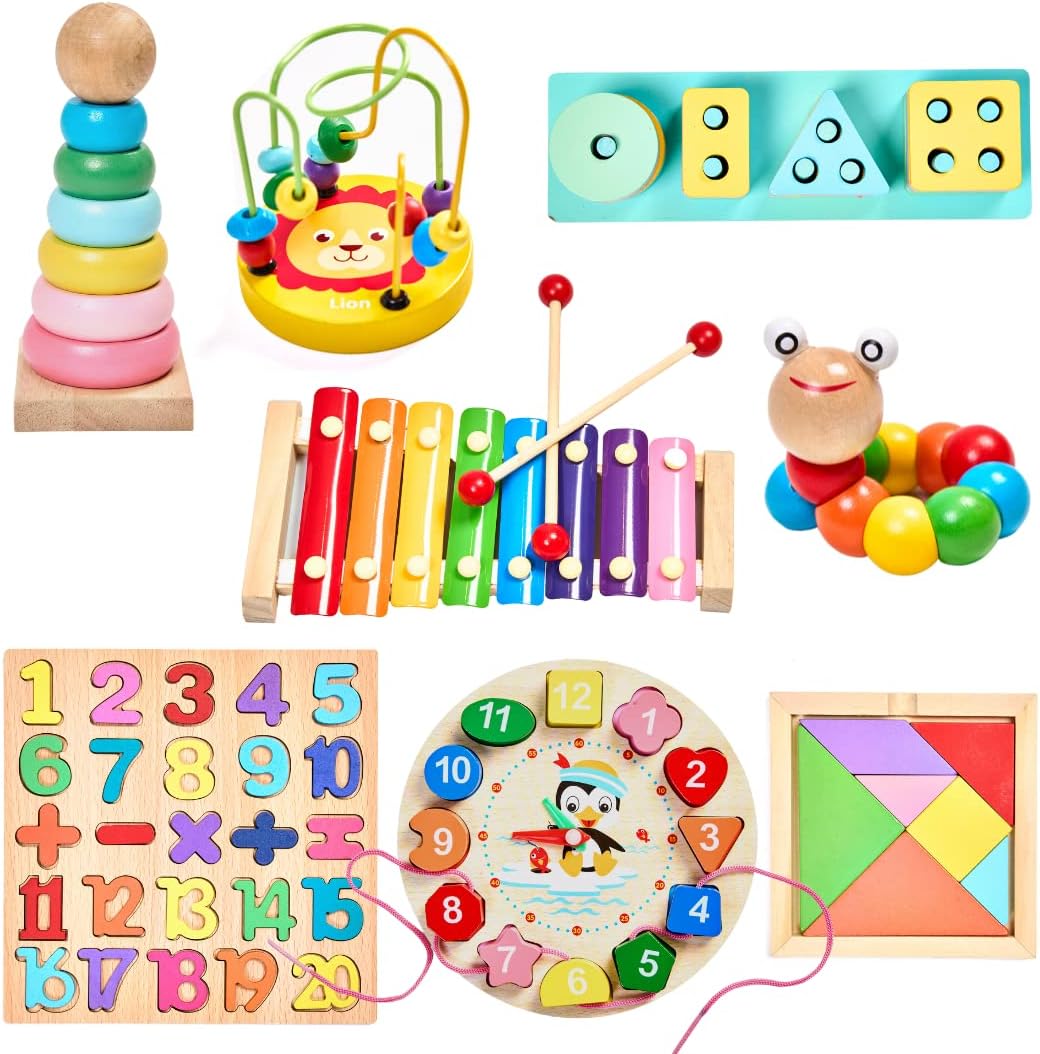 JaKaMeer Wooden Educational Toy Set 8-in-1 for Kids | Number Puzzle, Teaching Clock, Geometric Shapes Sorter and more | Toddler Toys Set | Montessori Toy Gift for Boys, Girls, Age 2 3 Years+.