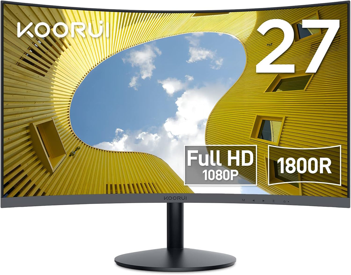 KOORUI 27-Inch Curved Computer Monitor Full HD 1080P 75Hz Gaming Monitor 1800R LED Monitor HDMI VGA, Tilt Adjustment, Eye Care, Black.