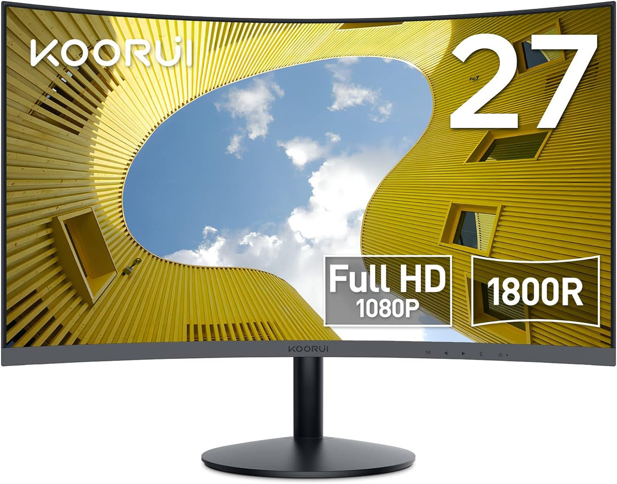 KOORUI 27-Inch Curved Computer Monitor Full HD 1080P 75Hz Gaming Monitor 1800R LED Monitor HDMI VGA, Tilt Adjustment, Eye Care, Black.