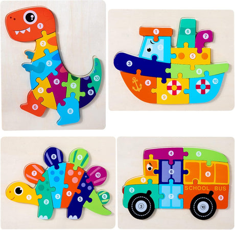 Wooden Puzzles Dinosaur Animals Jigsaws puzzle Toys for Kids 3 Year Old 4 Pack Shape Number Puzzle Toddler Crafts Gifts Educational Games for Girls Boys Children.