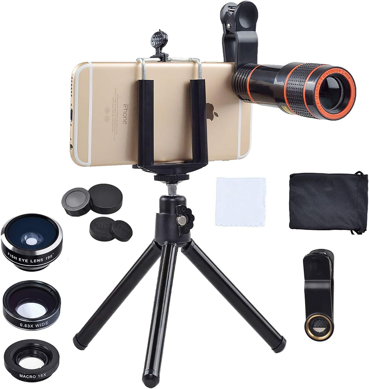 NEW FLASH APEXEL 4 In 1 Clip-On Phone Lens Kit,12X Telescope Camera Lens+198 Degree Fisheye Lens + 0.63X Wide Angle & 15X Macro Lens with Mini Tripod for Android Smartphone, Black.