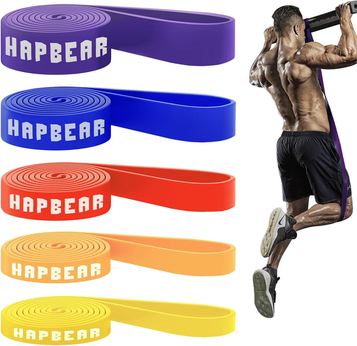 HAPBEAR Pull Up Bands Set - Resistance Bands for Men and Women - Exercise Workout Bands - 5 Different Levels, Heavy Duty, Long, Pull Up Assist Bands Set for Build Fit Power & Muscle.