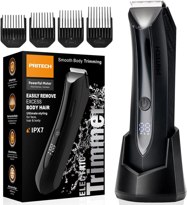 Body Hair Trimmer for Men Pubic Hair Trimmer - Wet/Dry Ball Trimmer with Ceramic Blade, Rechargeable Body Groomer for Men with Standing Recharge Dock, Cordless Groin Hair Trimmer for Men.