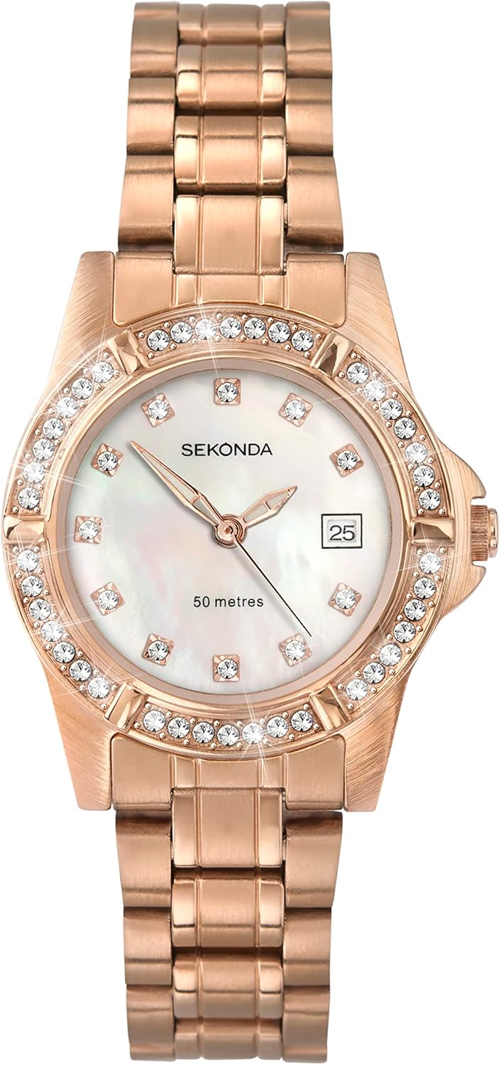 Sekonda Sienna Ladies 28mm Stone Set Bezel Dress Watch 50m Water Resistant with Date Window.