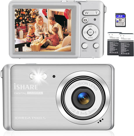 Digital Camera,30MP 18X Digital Zoom Vlogging Camera for YouTube with 32G Memory Card,Digital Cameras for Photography with 2 Batteries,Rechargeable Cameras for Kids/Adult/Elderly/Beginners Silver.