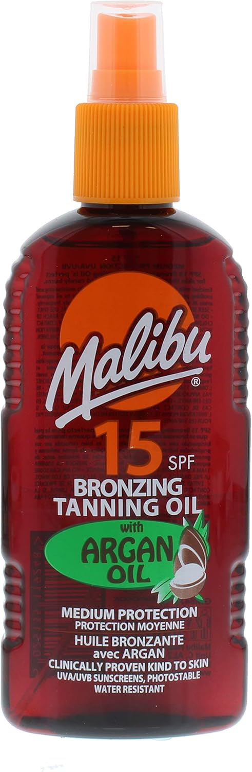 Malibu Sun SPF 15 Bronzing Tanning Coconut Oil Spray with Medium Protection, Water Resistant, Tropical Scent, 200ml.