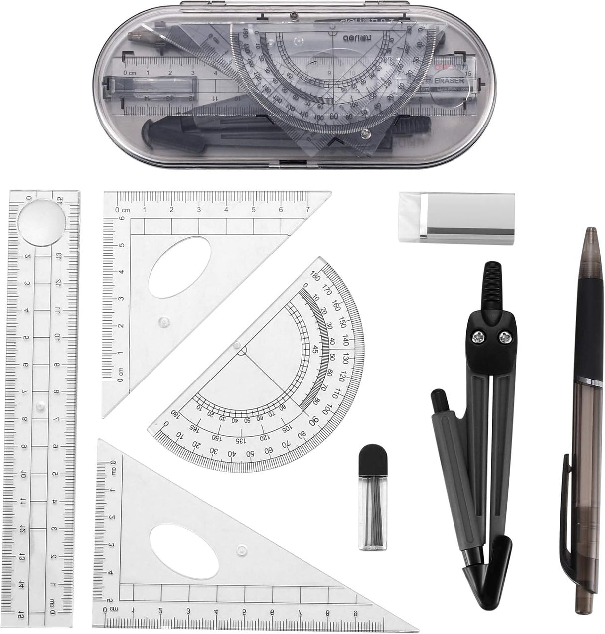 8 Pcs Maths Set, Geometry Protractor and Compass Set, Study, Drawing and Measuring Tools Set with Rulers, Compass, Pencil Lead, Eraser, Storage Case for Drafting, Student, Teacher, School.