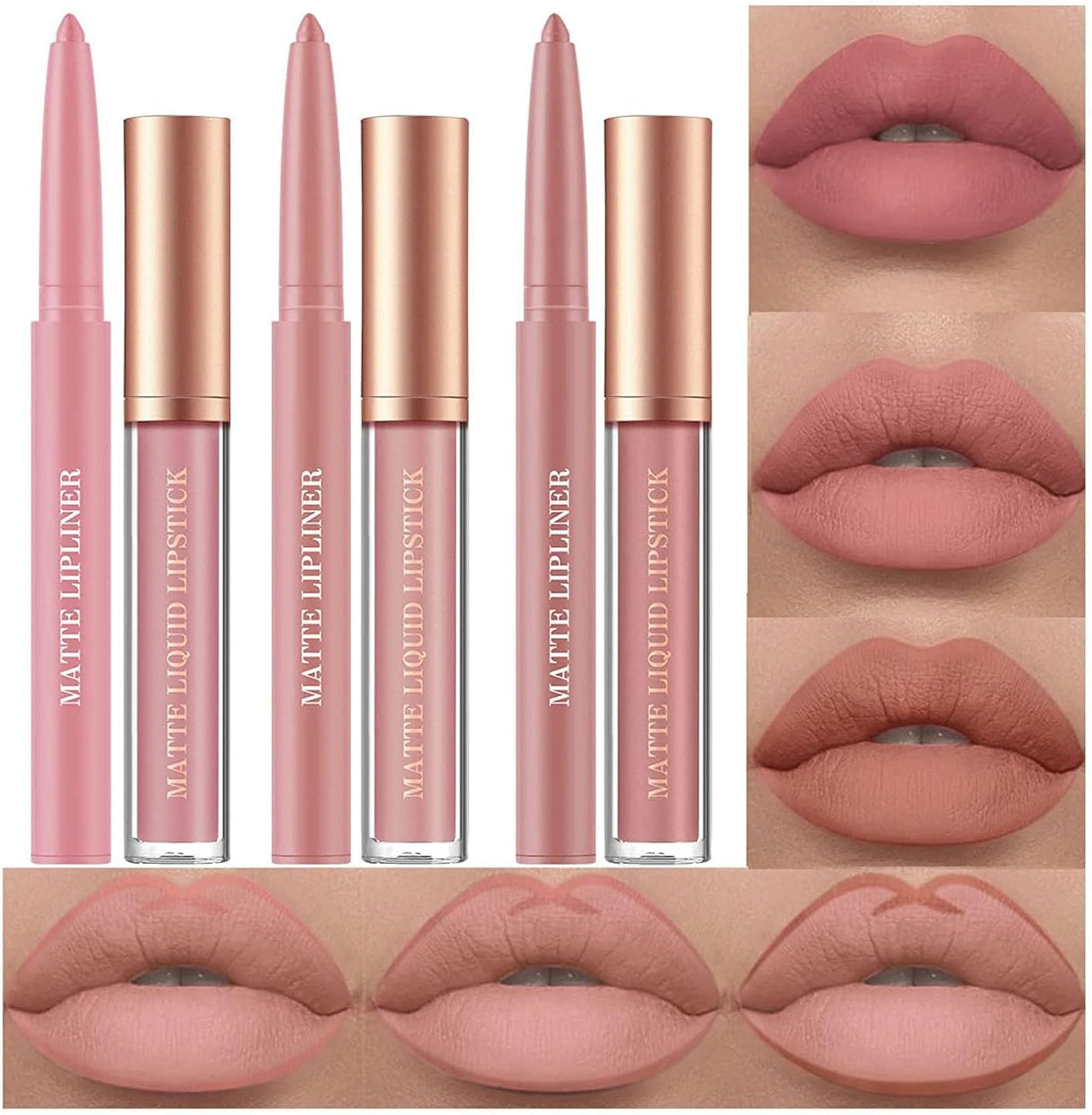 6Pcs Matte Liquid Lipstick Lip Liner Set Velvety Nude Lipstick Stay On 24 Hours Waterproof Non-Stick Cup Not Fade Liquid Lipstick Lipliner Make Up Gift Set (Set C).