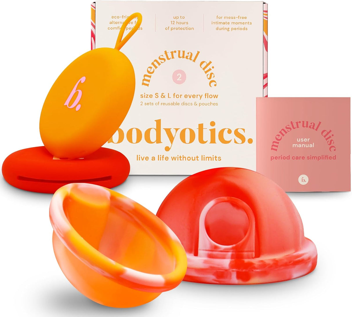 Bodyotics Reusable Menstrual Disc, Wear Up to 12-Hours, Sustainable Period Disc Alternative to Menstrual Cups, Tampons and Pads for Light or Heavy Flows, Leak Proof - Small & Large Sizes.