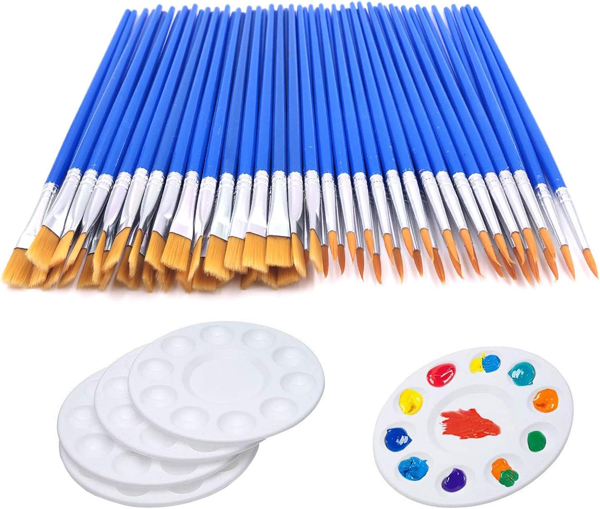 65 Pcs Flat Paint Brushes Set,Small Paint Brush Bulk 60pcs Acrylic Paint brush + 5 PCS Round Paint Pallet Trays for Kids,Nylon Hair Oil Watercolor Artist Painting for Kid Paint Party Classroom.