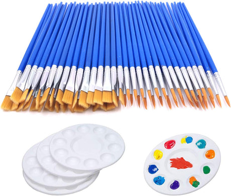 65 Pcs Flat Paint Brushes Set,Small Paint Brush Bulk 60pcs Acrylic Paint brush + 5 PCS Round Paint Pallet Trays for Kids,Nylon Hair Oil Watercolor Artist Painting for Kid Paint Party Classroom.