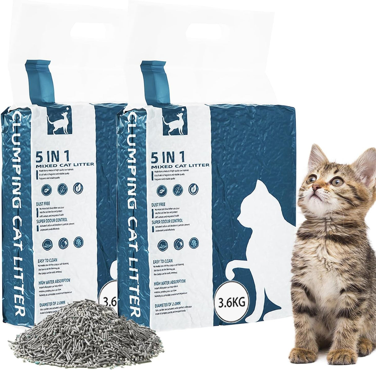 Tofu Cat Litter Clumping Litter for Cats, 5 in 1 Mixed Cats Litter Unscented Dust-Free Flushable Odor Control Fast Drying Clumping Kitty Litter (2 PACK-7.2 KG)