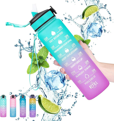 Gaiayhc Sports Water Bottle 1 L,Motivational with Time Marker and Straw,30oz Leakproof Design for Sports,Hiking,Gym,Fitness,Outdoor,Cycling,School & Office, Gradient Purple Blue.