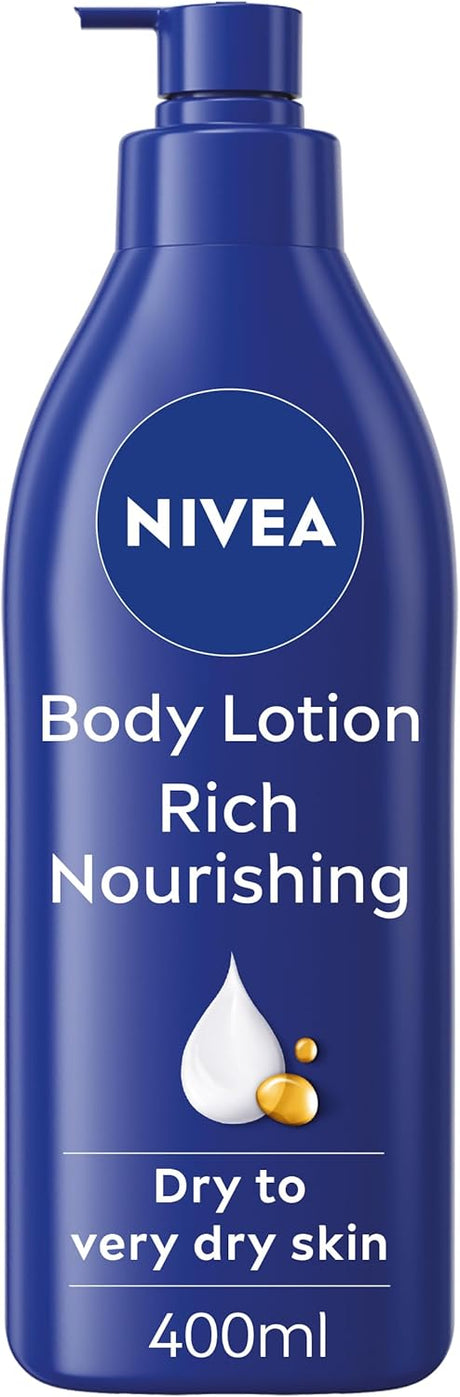 NIVEA Rich Nourishing Body Lotion (400ml), Rich 72H Hydration NIVEA Moisturiser for Dry Skin Made with Deep Moisture Serum and Almond Oil, Intensive Hydration NIVEA Body Lotion.