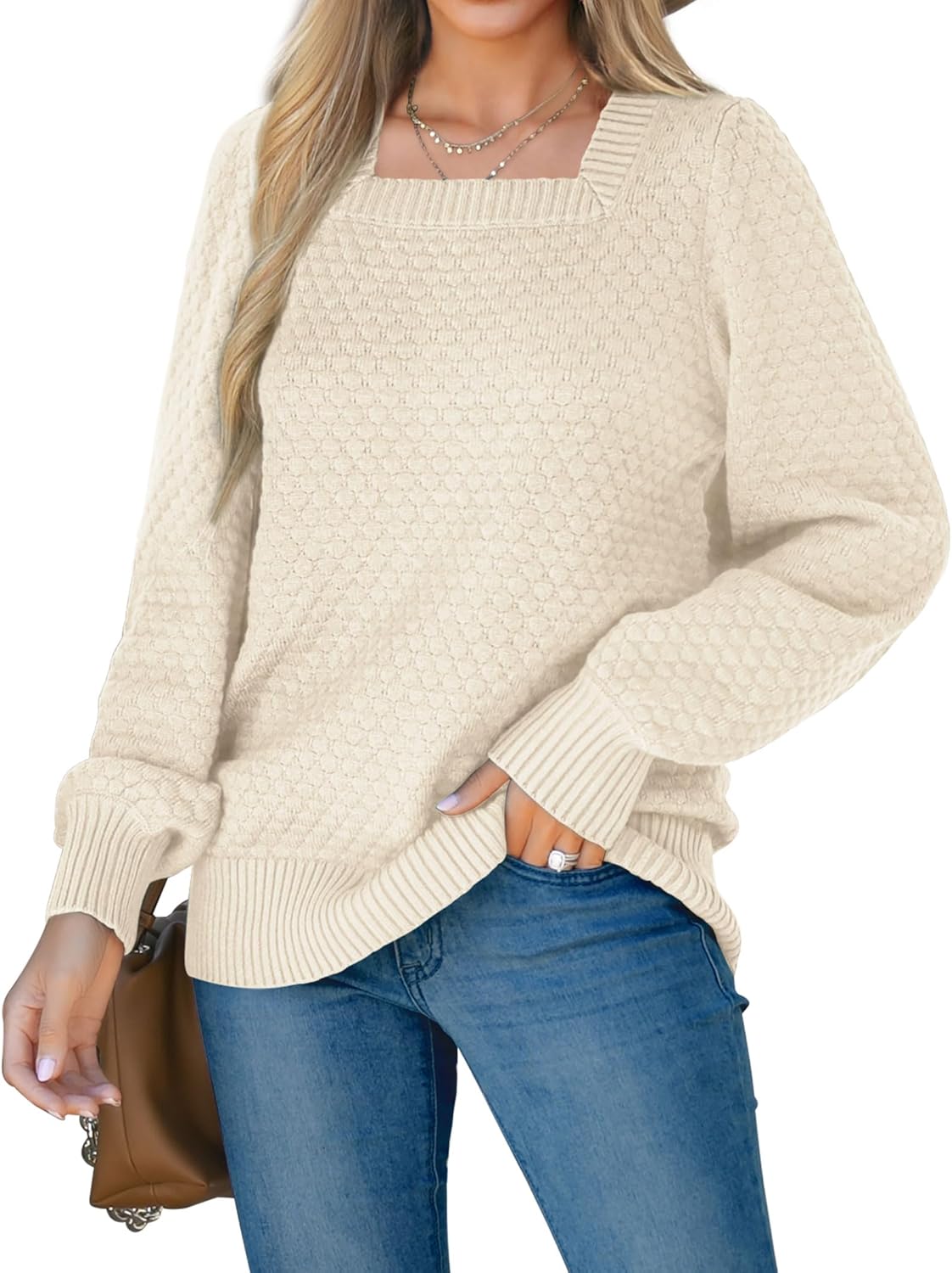 Saloogoe Sweaters for Women 2023 Fall Clothes Fashion Trendy Square Neck Tops Long Sleeve Shirts Pullover Trending Now.