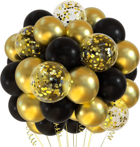 TUPARKA 12 inches Black Gold Confetti Balloons Kit 60 Pack Metallic Gold Black Party Balloon for Birthday Graduation Baby Shower Wedding Anniversary Party Supplies.