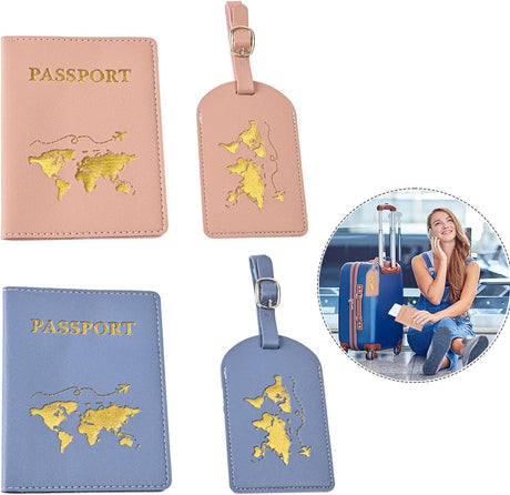 SSKHE 2PCS Passport Cover and 2PCS Luggage Tag, Passport Holder and Travel Suitcase Label Set, PU Leather Passport Protective Cover for Passport, Boarding Passes, Credit Card (Pink & Blue).