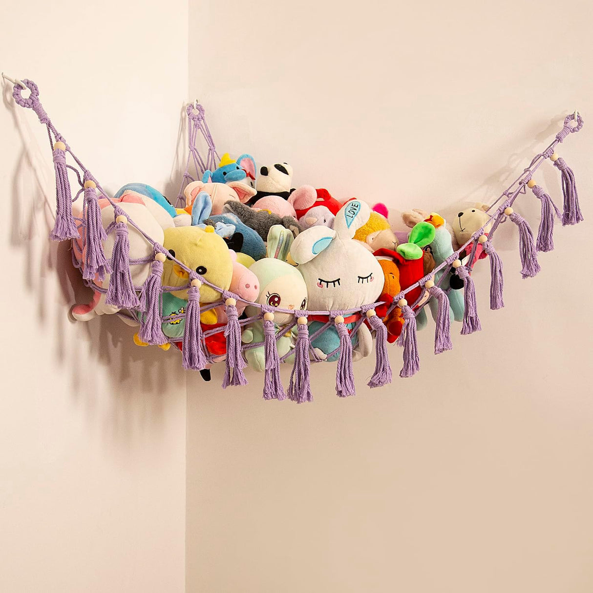 Teddy Hammock Toy Storage Hammock for Stuffed Animals Soft Toy Storage Net Boho Macrame Toy Holder Teddy Bear Storage -Cream.