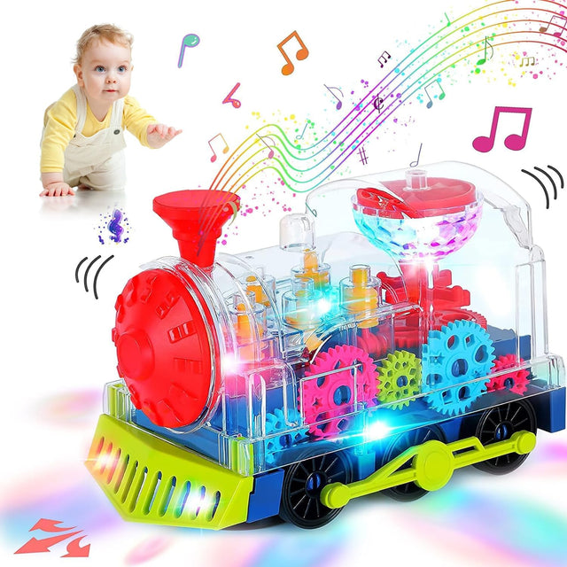 Transparent Train Toy Lighting Car Gear Toys Light Up Music Electric Train Rotating Mechanical Gear Train for Kids Educational Toy with Flashing Light Sound Music.