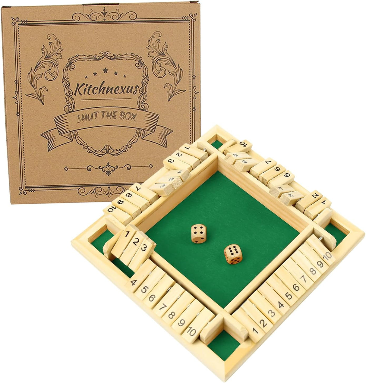 Kitchnexus 4-Player Shut The Box Wooden Table Game Classic Dice Board Toy.