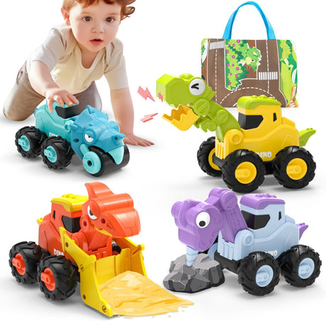 LilKisThk Dinosaur Toy Cars for Toddlers 1-3 with Playmat, Press Go Baby Toys Trucks for Ages 2-4 Years, Kids Toys Construction Vehicles Set Birthday Gifts for 1 2 3 4 Year Old Boys Girls.