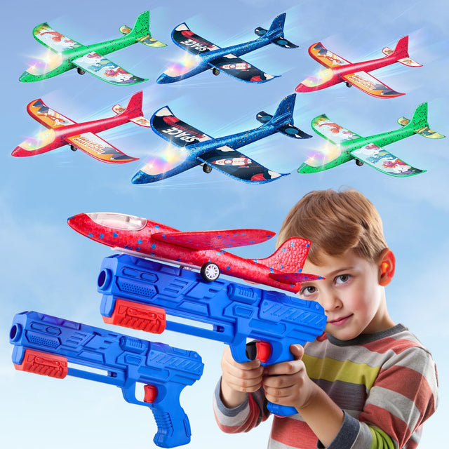 6 Pack Airplane Launcher Toys, 2 Flight Mode Glider Plane LED Foam Plane Toy Outdoor Toys for Kids Ages 3 4 5 6 7 8 9 10 11 12 Year Old Boys & Girls Birthday Gift, Educational Flying Kids Toys.