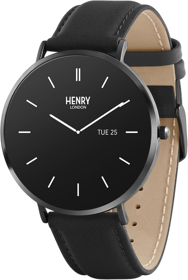 Henry London Men's Amoled Black Leather Strap Smart Watch.