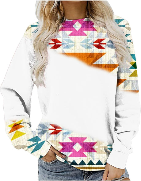 AMhomely Autumn Sweatshirt for Womens Clearance Vintage Long Sleeve Tunic Sweatshirt Teens Crewneck Pullover Jumper Aztec Printed Sportswear Tops Size 10-20 UK.