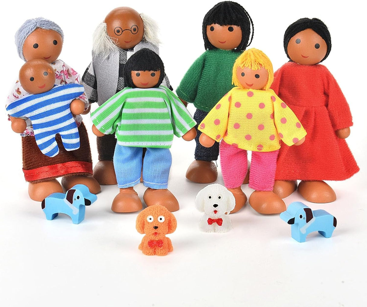 Aolso Wooden Dolls House Family Dolls Toys, Sets of 7 People Wooden Doll House Dolls with 4 Dogs, Lovely Happy Family Dolls Playset DollHouse Accessories, Dolls People Playset for Kids.