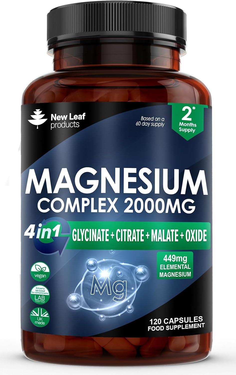 Magnesium Glycinate 4-in-1 Complex 2000mg - 449mg Elemental Magnesium High Strength Magnesium Supplements - Magnesium Bisglycinate,Citrate, Malate, Oxide - 120 Capsules - Vegan UK Made by New Leaf.