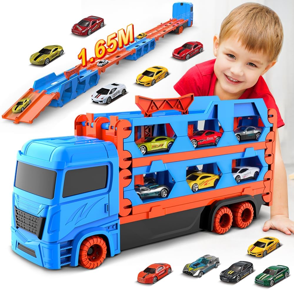 VATOS Transport Truck Toys Cars for Boys Ages 3 4 5 6, Portable Truck Toy with 6 Race Cars, Best Gift Carrier Vehicles Toys Set for Kids.