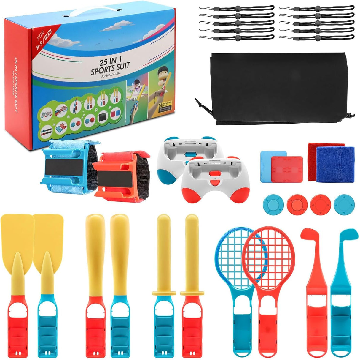 25-in-1 Switch Sports Accessory Pack for Nintendo Switch Games, Physical Set Includes, Tennis Racket, Golf Club Racket, Sword, Wrist Strap, Leg Strap, Controller Grip, Baseball, Bat Wrist.