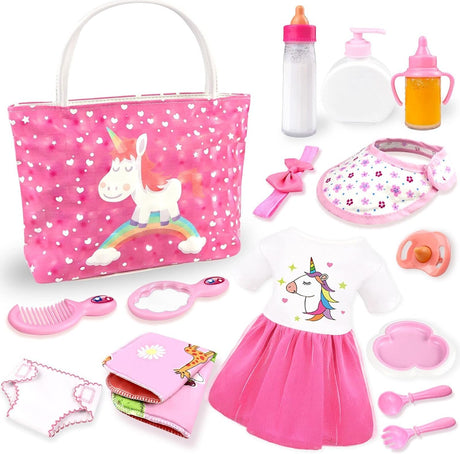 BNUZEIYI Baby Doll Accessories -Baby Doll Feeding and Caring Set with Diaper Bag Bottles for Girls Toys Gift, Stuff Doll Clothes fit 14-16 Inch Doll and 18 Inch Doll.