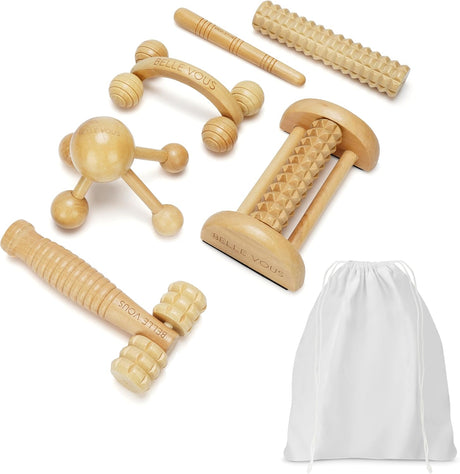 Belle Vous 6-in-1 Pack of Wood Therapy Massager Tools & Cotton Bag - Wooden Massage Anti-Cellulite Roller - Professional Maderoterapia Kit for Full Body Muscle Pain Relief & Body Shaping/Contouring.