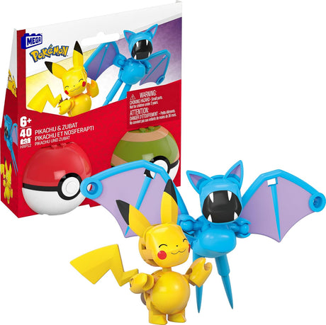 MEGA Pokémon Building Toys Set Pikachu & Zubat with 40 Pieces, 2 Poseable Characters and Poké Ball, 2 Inches Tall, for Kids, HXP12.