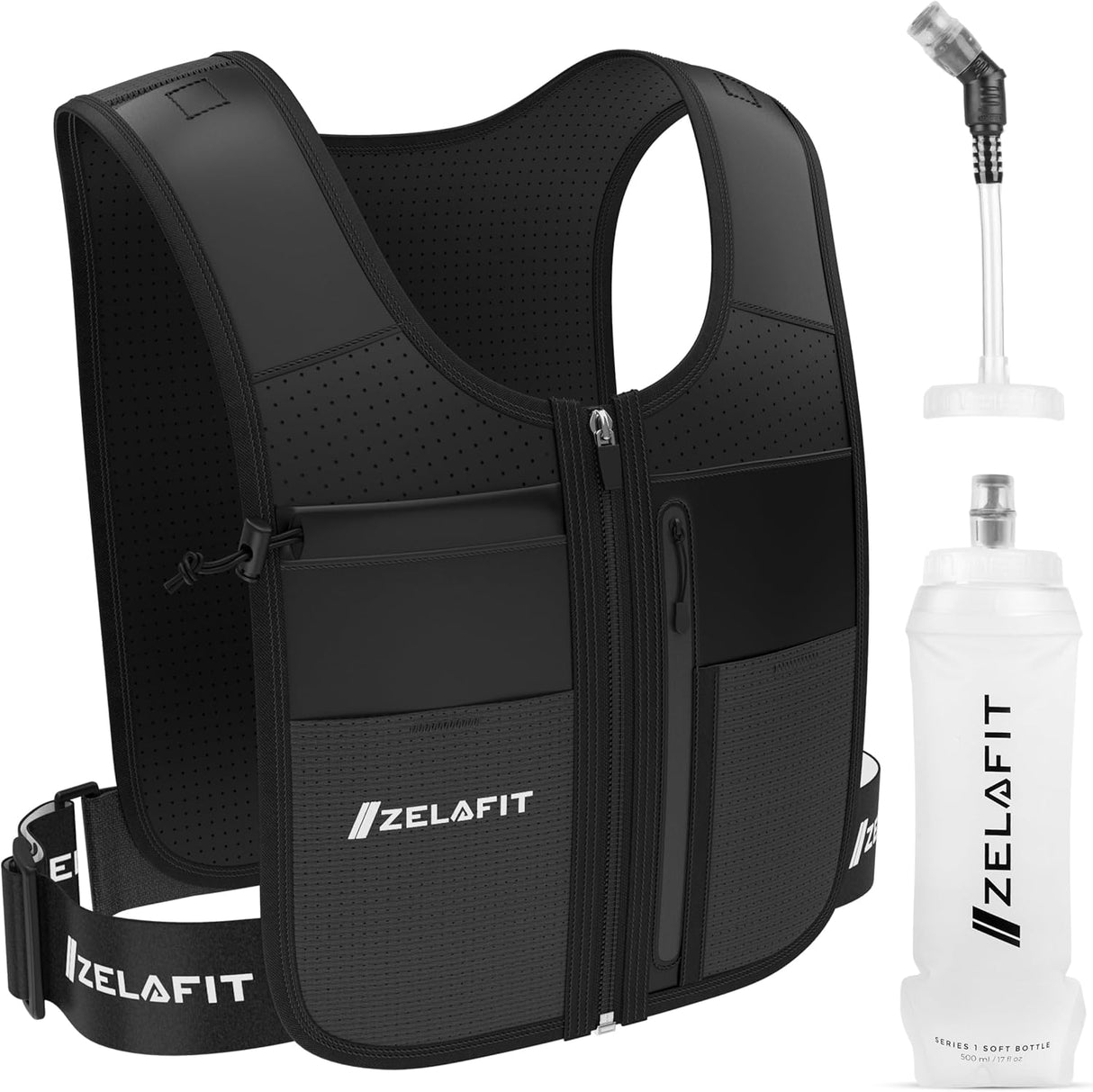 ZelaFit® Running Vest with 500ml Running Water Bottle | Waterproof Phone Pouch | Key Holder | Adjustable Waistband | Running Hydration Vest | 8 Pockets for Running Accessories - Men & Women.