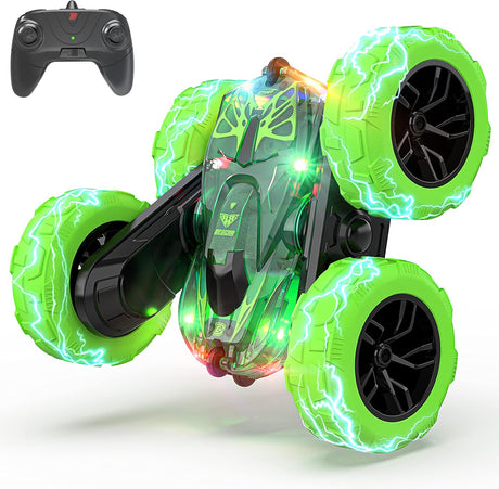 BEZGAR LED Remote Control Cars - 2.4GHz Double Sided Stunt Car, 360° Flips Rotating 4WD RC Car, Indoor & Outdoor Fun Rechargeable Toy Gifts for Boys Kids Girls, TD203 Blue.