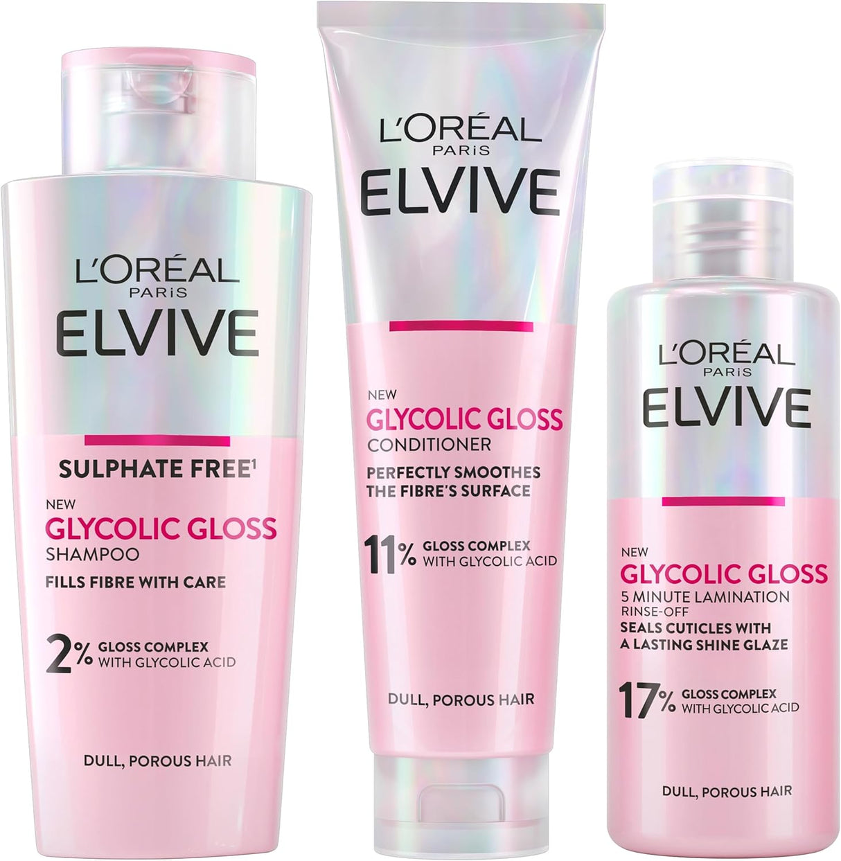 L'Oréal Paris Elvive Glycolic Gloss Shampoo and Conditioner Set for Dull Porous Hair, Get The Shiniest Hair of Your Life, Glossing Routine for Mirror-Like Shine.