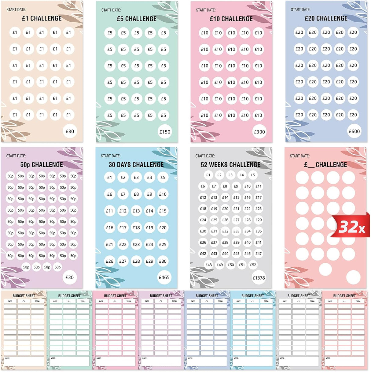 WenmthG 32Pcs A6 Savings Challenge Trackers, Money Saving Wallet UK Cards, Budget Binder Cash Organizer Book Budget Planner Cards with 50P| £1| £5| £10| £20| 30 DAYS| 52 WEEKS| DIY Challenge