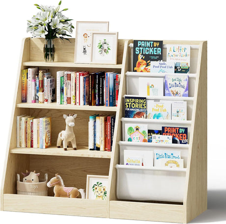 Kids Bookshelf, Five Layer Sling Children Bookcase, Baby Storage Wooden Book Rack, Book and Toy Organizer Cabinet Book Display, for Playroom,Bedroom,Toddler Room,Nursery,Classroom (Burlywood).