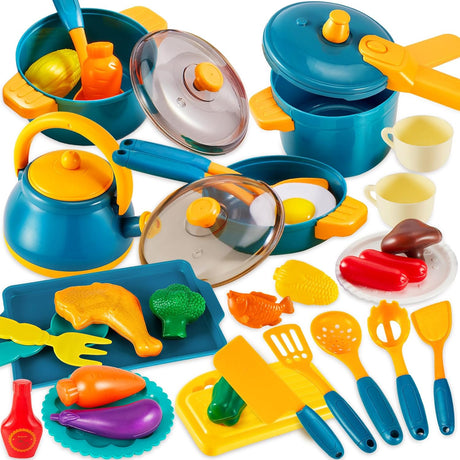 LINFUN KIDS Toy Kitchen Accessories Play Pots and Pans, Cooking Set for Children, Pretend Role Play Food Cookware Playset Gifts for 3+ 4 5 6 Years Old Kids Toddler Boys Girls.