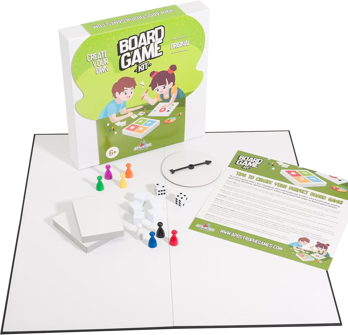 APOSTROPHE Games Create Your Own Board Game (Blank Game Board, Box & Accessories) with Game Pieces, Blank Cards, Blank Spinner & Dice. DIY Custom Board Game.