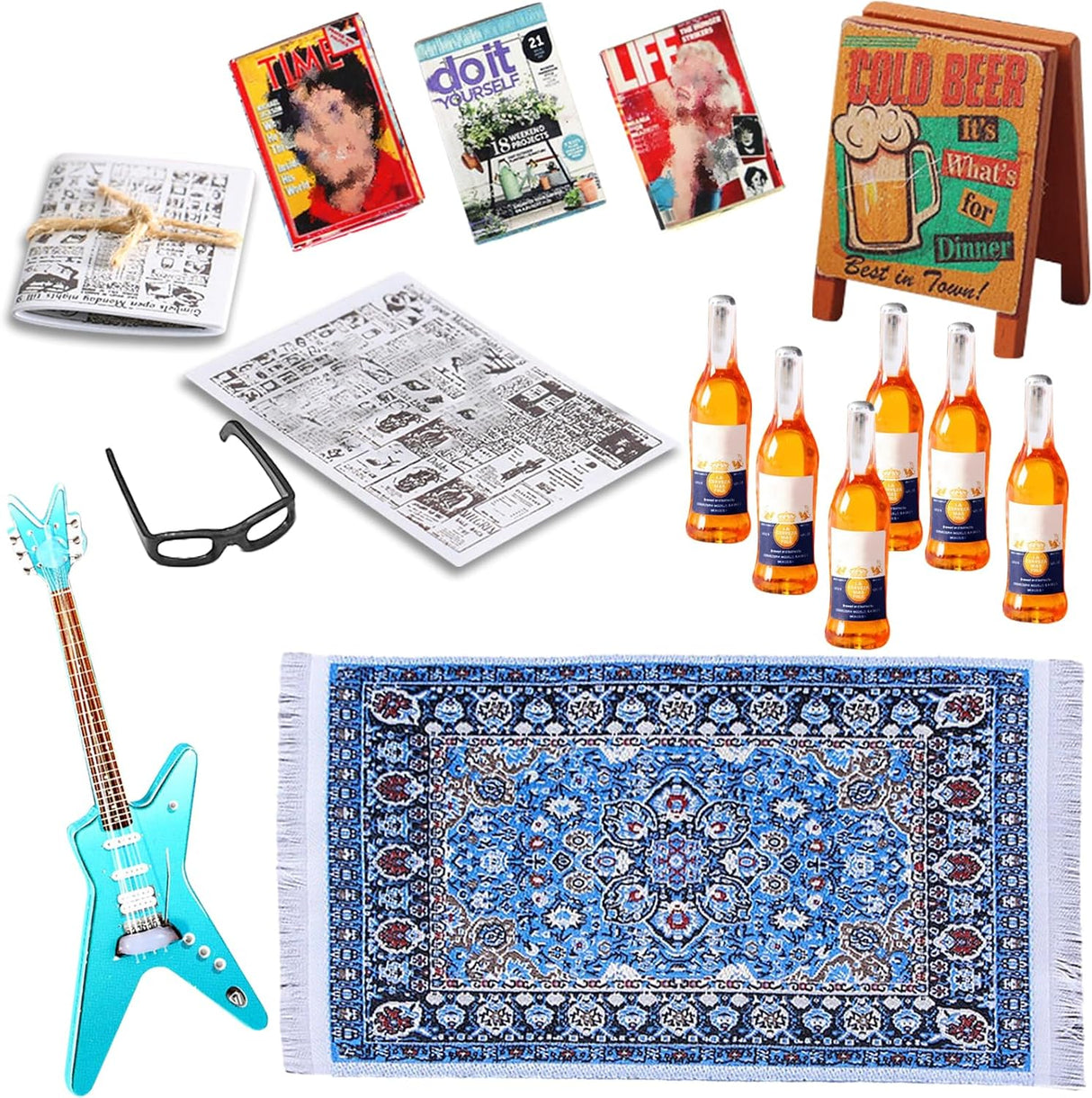 BDSHUNBF 14 Pieces Dollhouse Miniature Bar Set, 1:12 Scale Dollhouse Accessories, Mini Wine Glasses Newspaper and Glasses Comic Books Bar Sign Blue Rug Electric Guitar for Dollhouse Decoration.