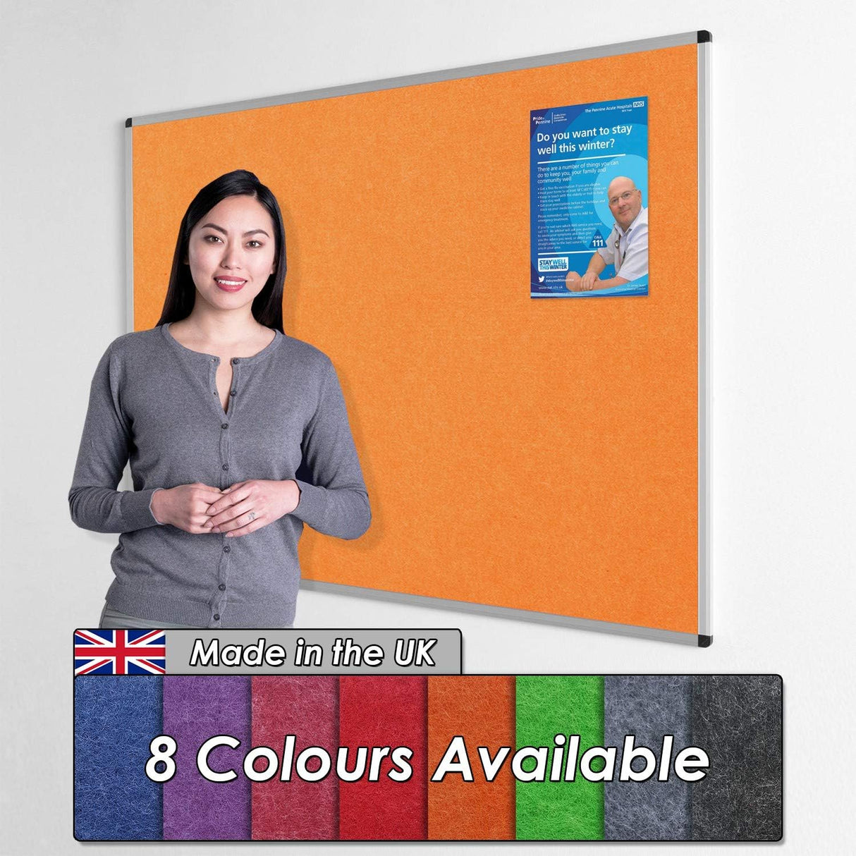 Wonderwall Fire-Resistant Notice Board - Aluminium Frame - 120 x 90cm with Fixings, 6 Colours to Choose from (Green).