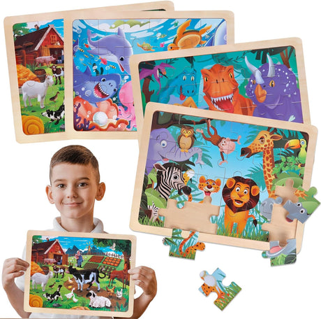 Wooden Dinosaur Animals Sea World Farm Jigsaw Puzzles Toys for Kids 2 3 4 5 6 Year Olds, 4x24 Pcs Jigsaws Puzzle Board for Toddler, Educational Toys Game for 3+ Year Old Easter Gifts for Boys Girls.