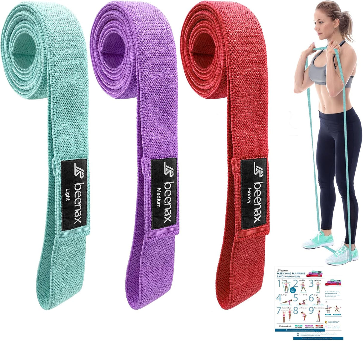 Beenax Fabric Resistance Bands (Set of 3), Long/Short Exercise Bands for Women Men, Loop Bands, 3 Resistance Levels for Workout, Fitness, Stretching, Pull Up, Leg, Glutes, Squat and Strength Training.