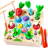 COOLJOY Wooden Fishing Game Toy | 4 In 1 Magnetic Montessori Toys for 2 Year Olds | Carrots Harvest Toy Shape Sorter | Toddler Educational Gift for 2 3 4 Year Olds Girls Boys.