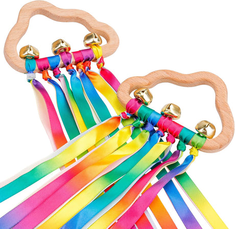 2PCS Sensory Wooden Ring Baby Toys - Babies Rainbow Ribbon Rattle Toy Educational Toddler Play Toy with Bells.