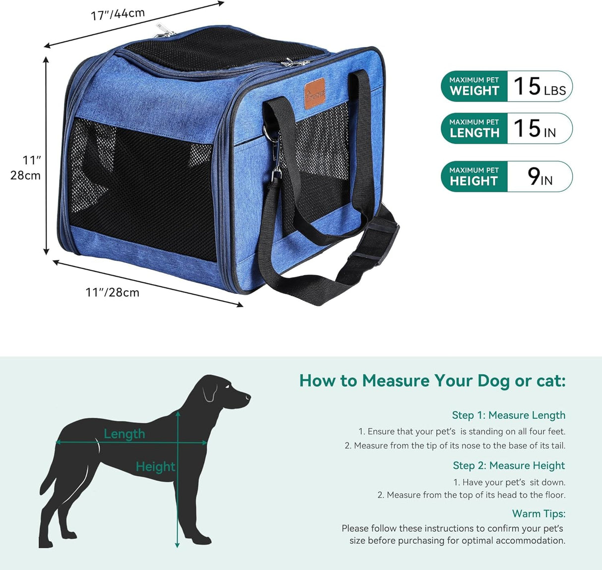 YITAHOME Cat Carrier Airline Approved, Soft-Sided Pet Carrier for Cats and Dogs Up to 15lbs, 5 Sides Breathable Collapsible Cat Travel Carrier with Bottom Protection and Washable Liner, Blue