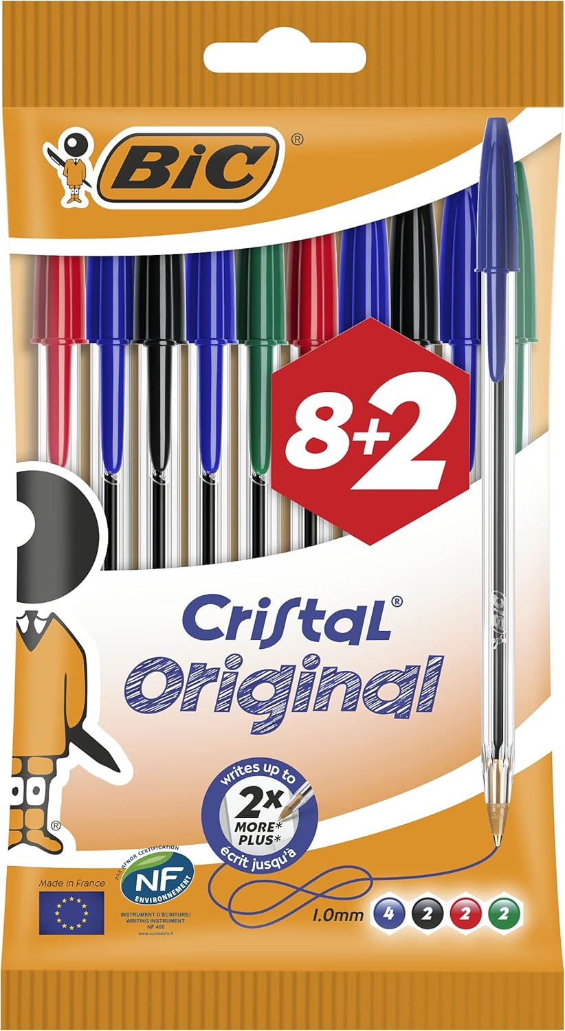 BIC Cristal Original Ballpoint , Comfortable Biro Pens, Medium Point (1.0mm), Assorted Colours, Pack of 10.